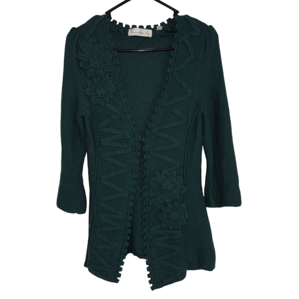 Charlie & Robin Size Small 100% Wool Green Floral Crochet Hook Loop Sweater